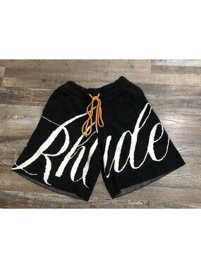 Rhude Black Shorts with White Script and Orange Drawstring